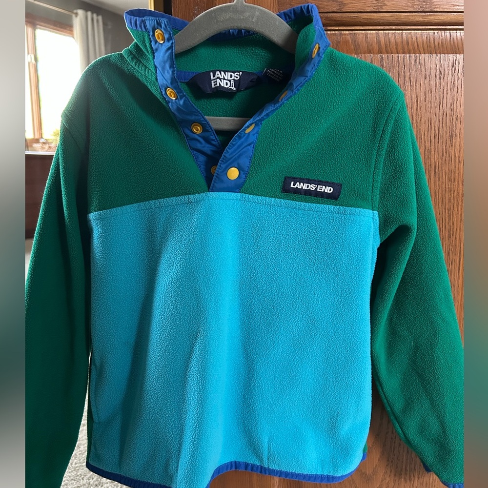 Lands' End Teal and Green Colorblock Fleece Pullover